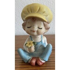 Vintage Porcelain Bisque Little Boy With Flower Figurine Unmarked
